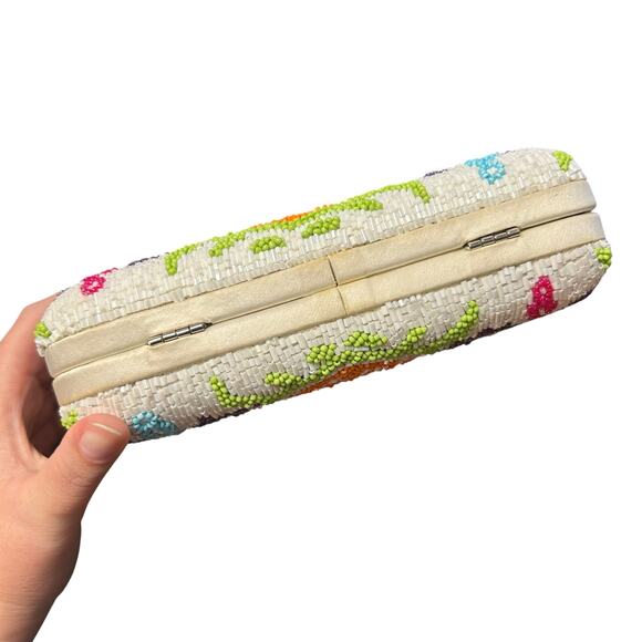 Moyna White Multicolor Printed Beaded Box Clutch / Crossbody Evening Bag - Picture 6 of 8